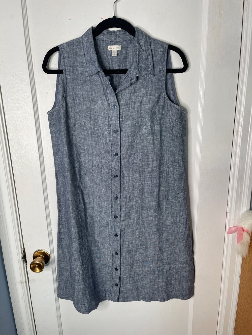 Garnet Hill 8 Linen Shirt Dress Sleeveless Button Front Indigo Chambray Classic